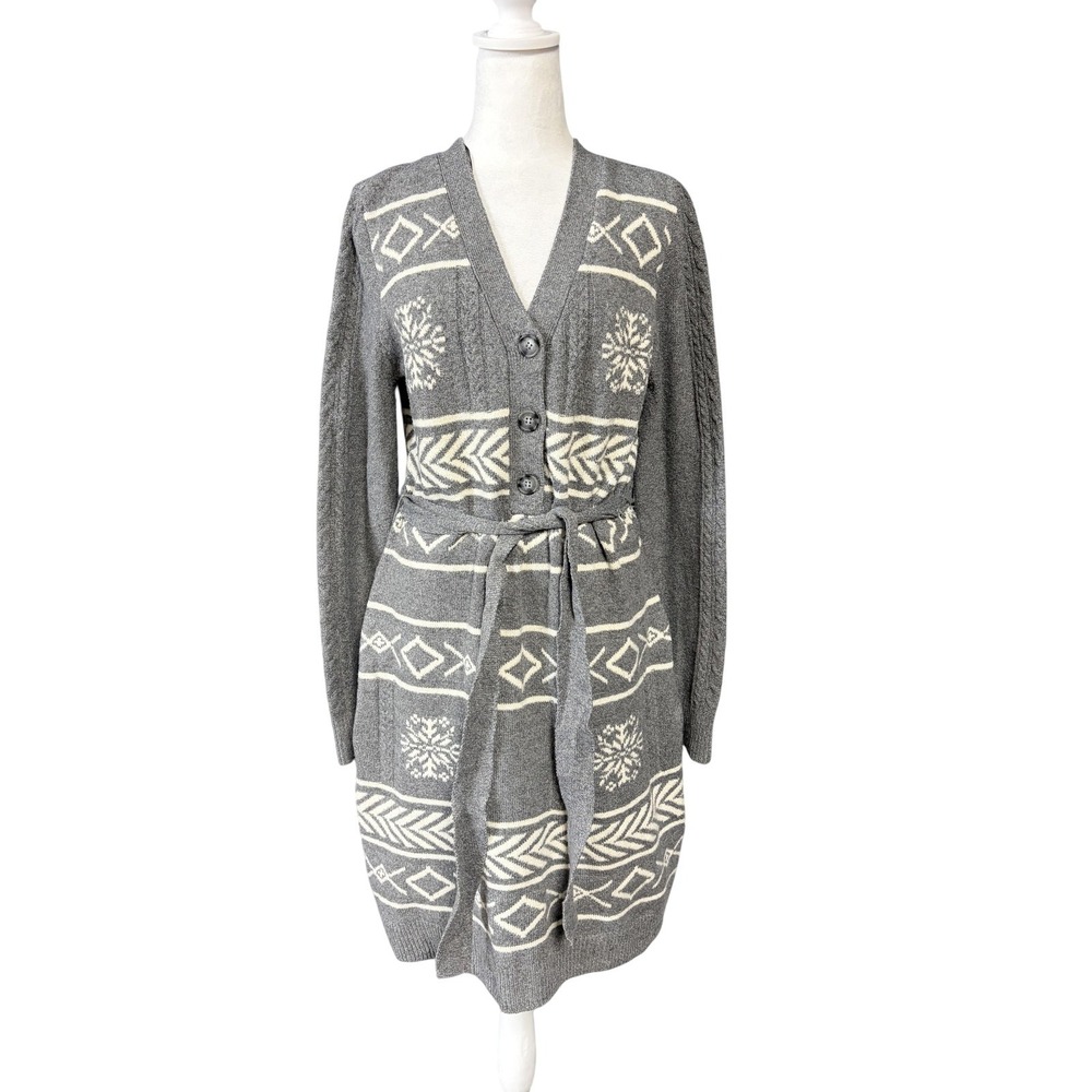 Lucky Brand Sweater Dress Womens L Gray Fair Isle Belted V Neck Long Sleeve Knit